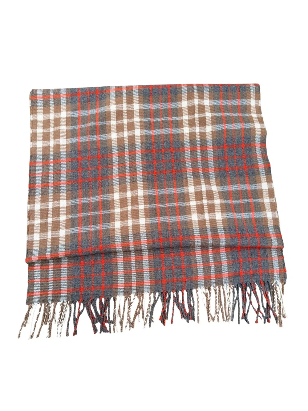 J. Crew Plaid 24x78 Rectangle Scarf Brown Gray Orange Fringe Soft Preppy